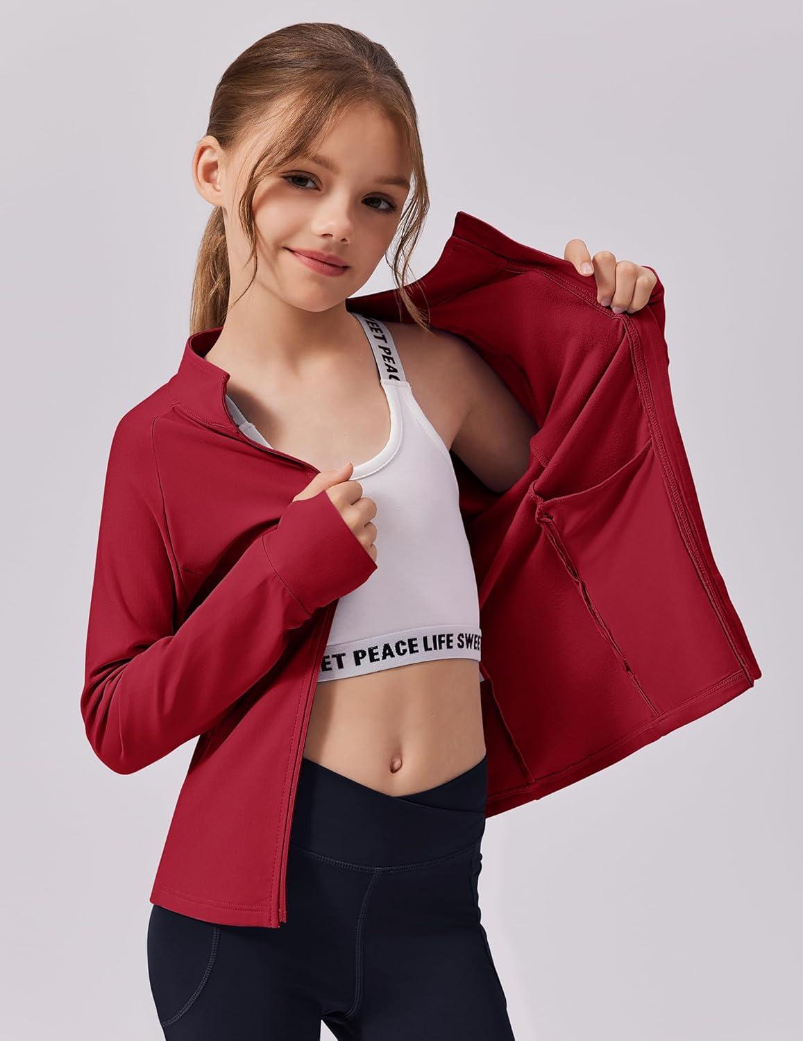 imageZaclotre Girls Fleece Jacket with 4 Pockets Long Sleeve Zip Up Warm Athletic Winter Coat Kids Sweatshirt for 514 YRed