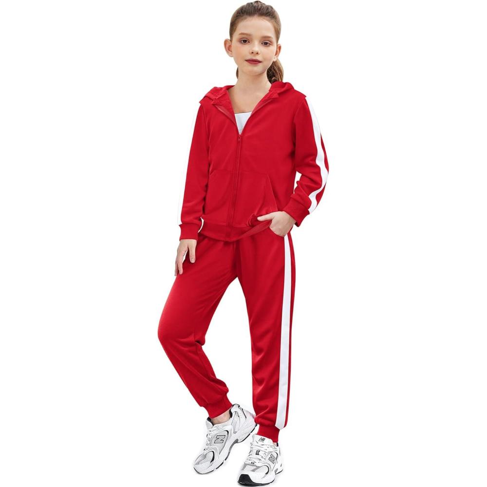 imageZaclotre Girls 2 Piece Outfits Sweatsuit Zip Up Hoodie Sweatshirt and Sweatpant Tracksuit Athletic Jogger SetsDark Red