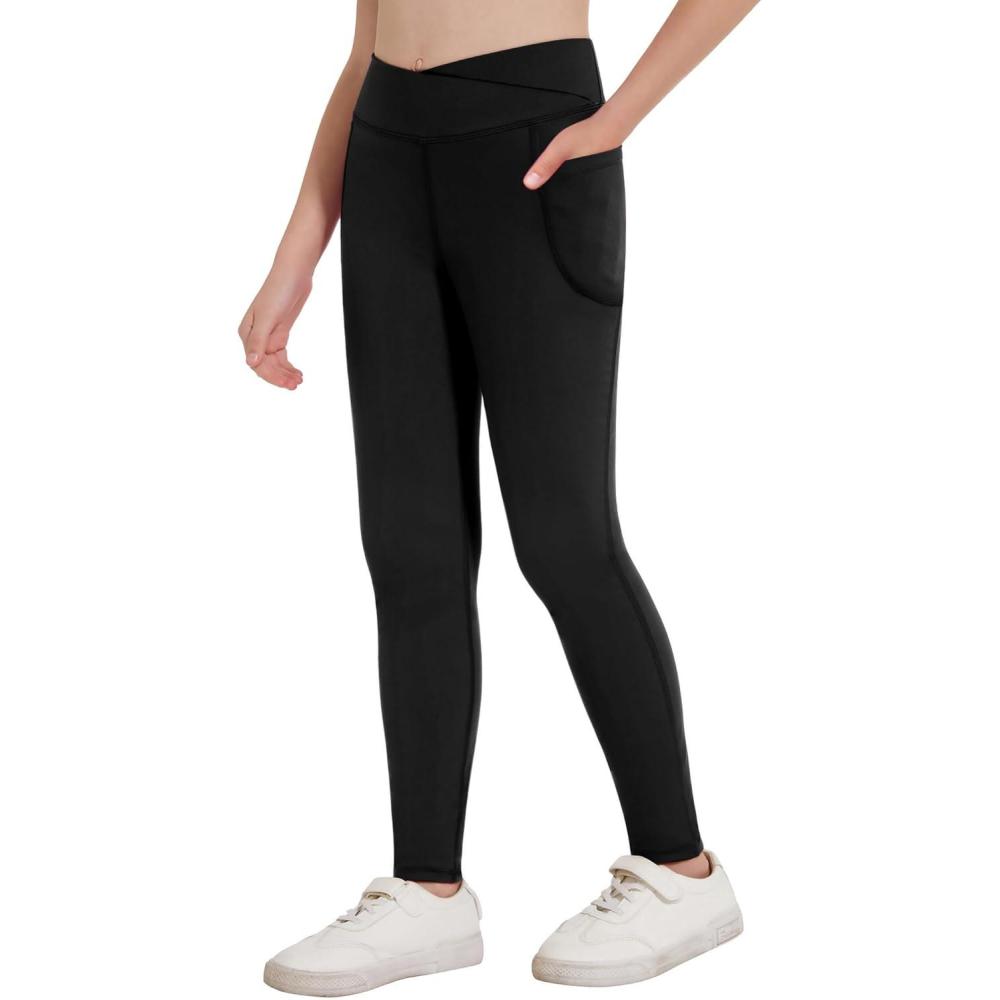 imageZaclotre Girls Athletic Leggings Cross High Waisted Yoga Pants for Kids Dance Workout Running Tights with PocketsBlack