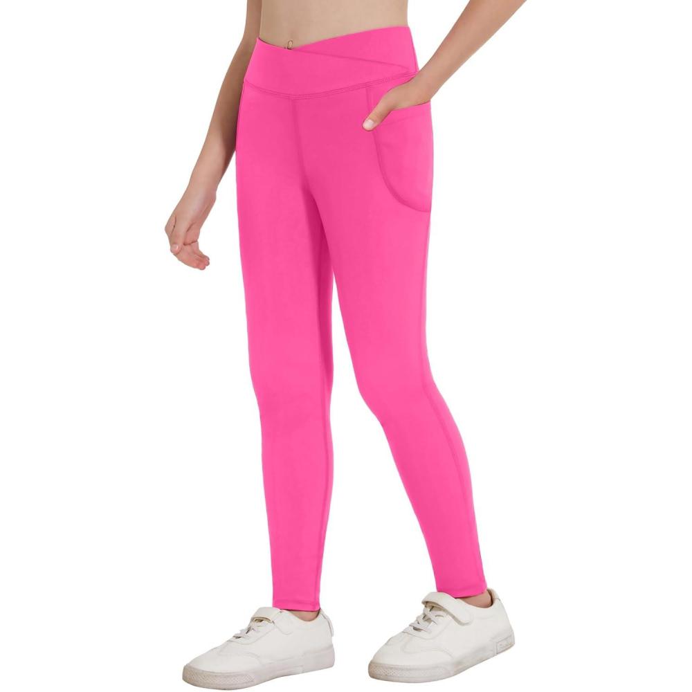 imageZaclotre Girls Athletic Leggings Cross High Waisted Yoga Pants for Kids Dance Workout Running Tights with PocketsHot Pink