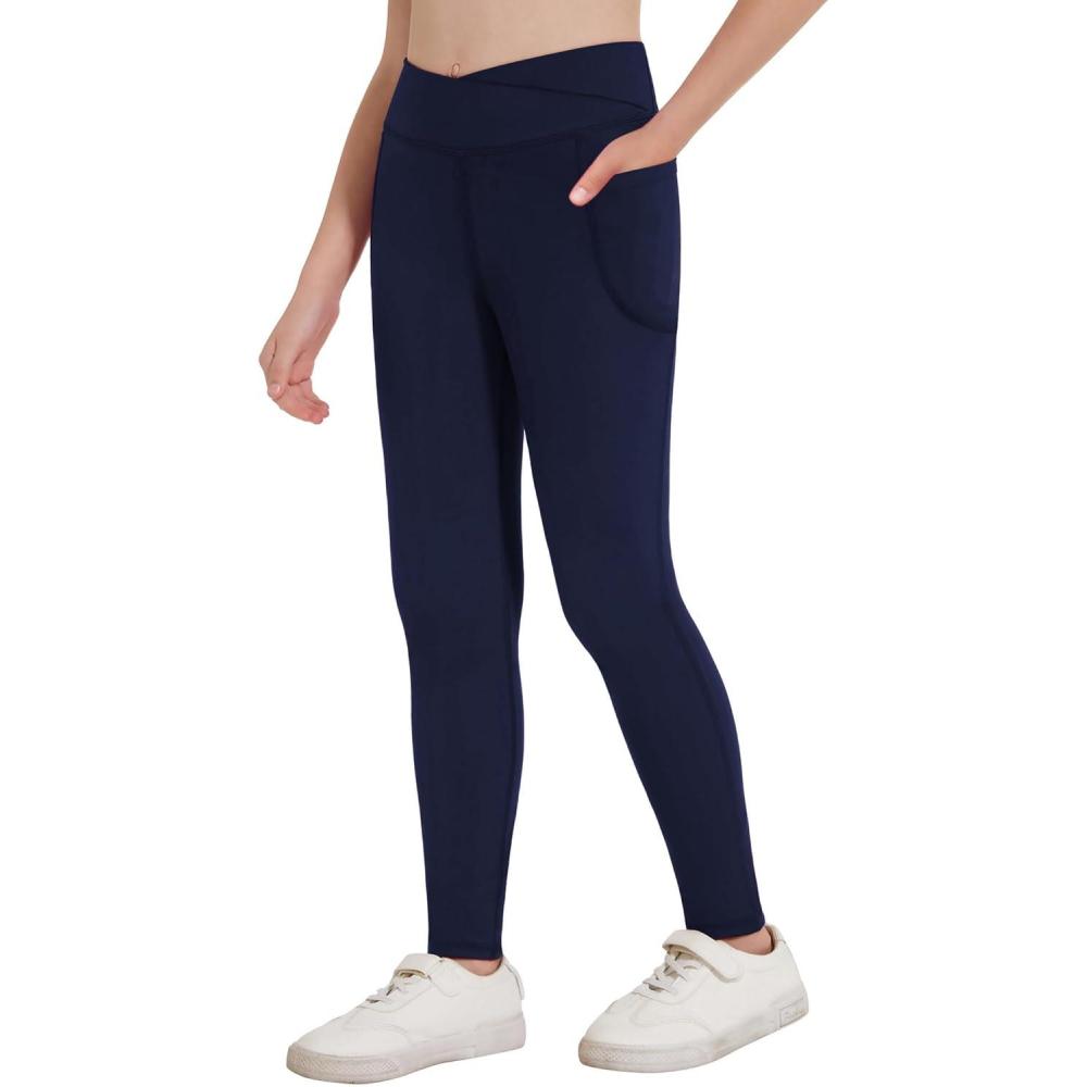 imageZaclotre Girls Athletic Leggings Cross High Waisted Yoga Pants for Kids Dance Workout Running Tights with PocketsNavy Blue