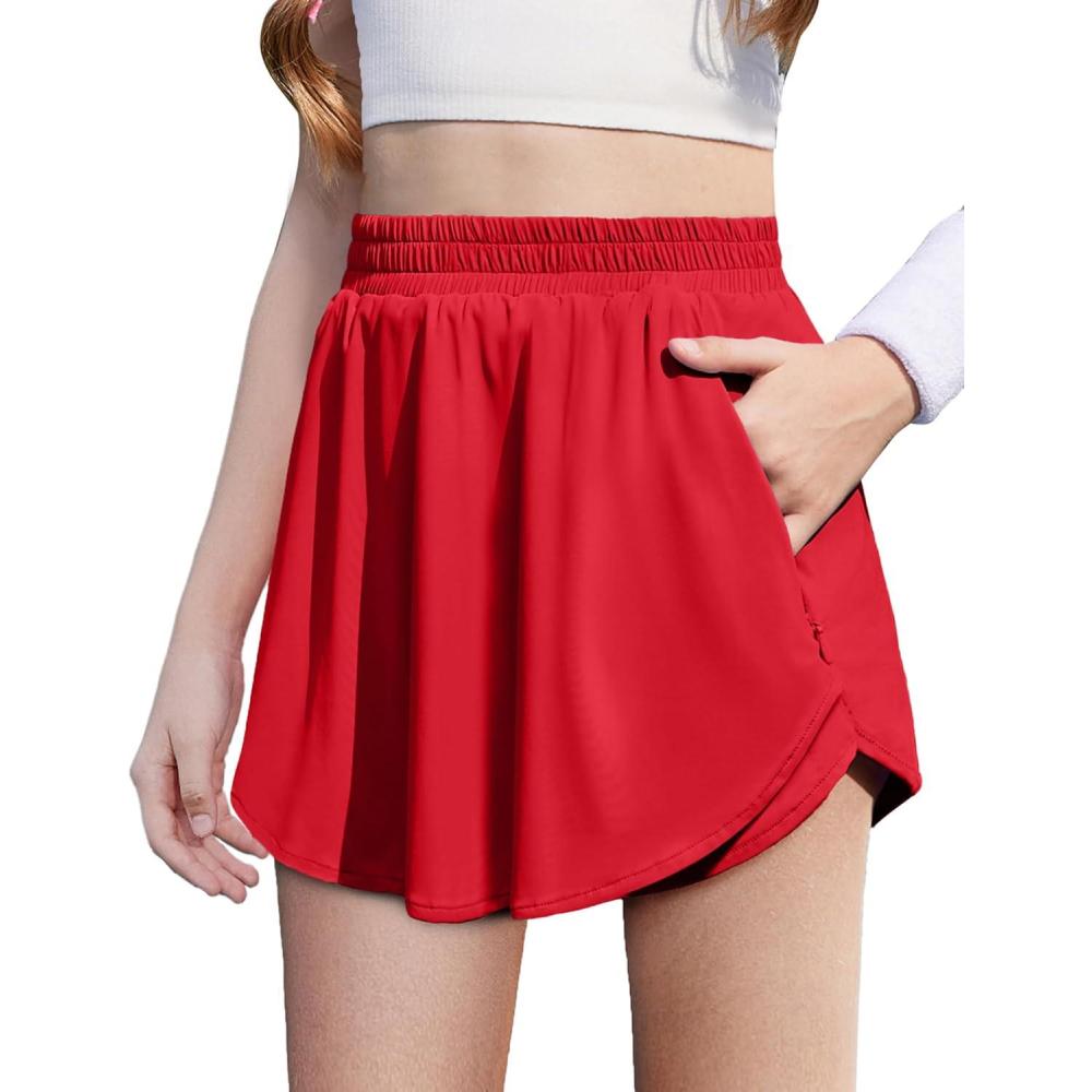 imageZaclotre Girls Athletic Shorts with Zipper Pockets 2 in 1 Flowy Skirt Overlay Kids Running Workout Soccer Sports ShortsRed