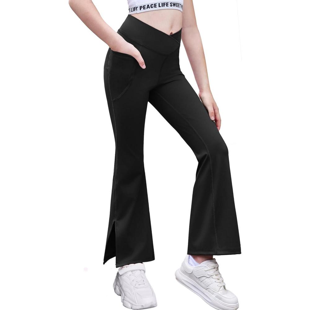 imageZaclotre Girls Flare Leggings with Split Hem Cross High Waist Yoga Bootcut Athletic Kid Bell Bottom Pants with PocketsBlack