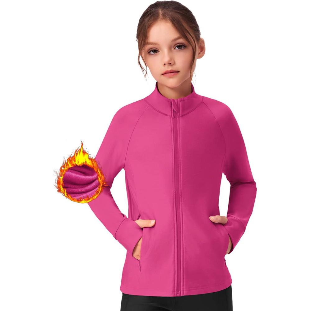 imageZaclotre Girls Fleece Jacket with 4 Pockets Long Sleeve Zip Up Warm Athletic Winter Coat Kids Sweatshirt for 514 YHot Pink