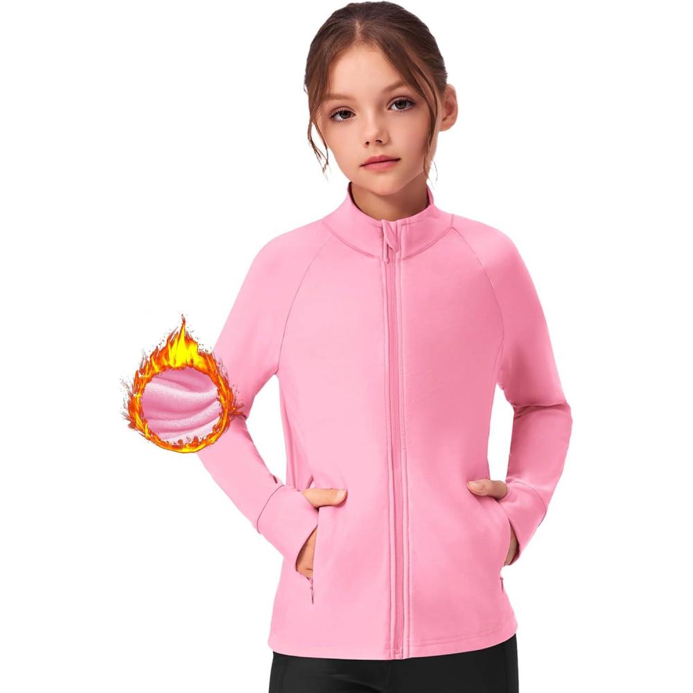 imageZaclotre Girls Fleece Jacket with 4 Pockets Long Sleeve Zip Up Warm Athletic Winter Coat Kids Sweatshirt for 514 YPink
