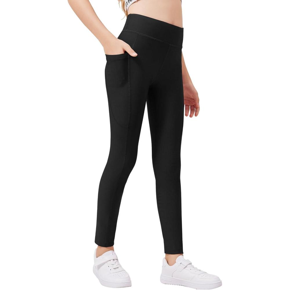 imageZaclotre Girls Fleece Lined Leggings Warm Winter Running Tights for Kids High Waist Athletic Yoga Pants with PocketsBlack