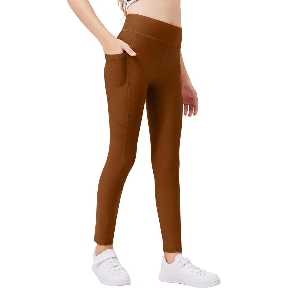 imageZaclotre Girls Fleece Lined Leggings Warm Winter Running Tights for Kids High Waist Athletic Yoga Pants with PocketsBrown