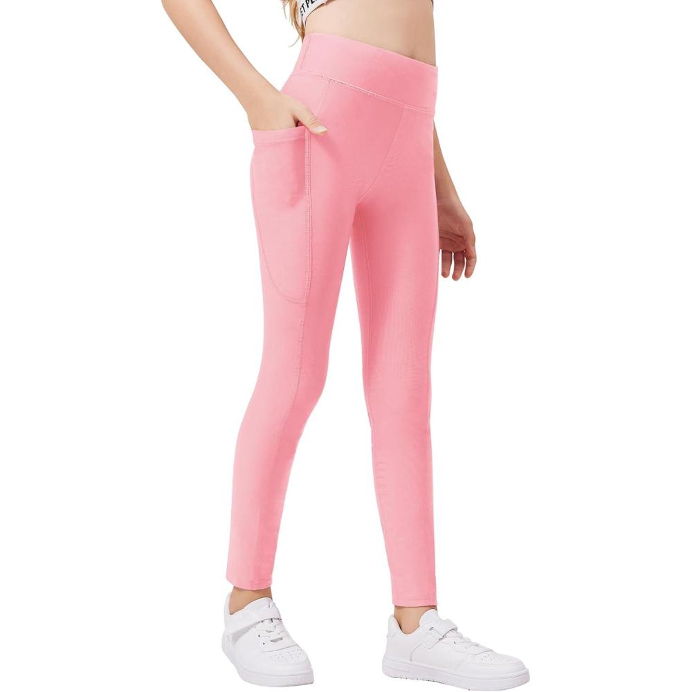 imageZaclotre Girls Fleece Lined Leggings Warm Winter Running Tights for Kids High Waist Athletic Yoga Pants with PocketsPink