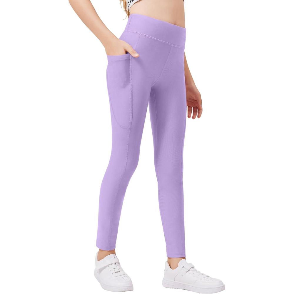 imageZaclotre Girls Fleece Lined Leggings Warm Winter Running Tights for Kids High Waist Athletic Yoga Pants with PocketsPurple