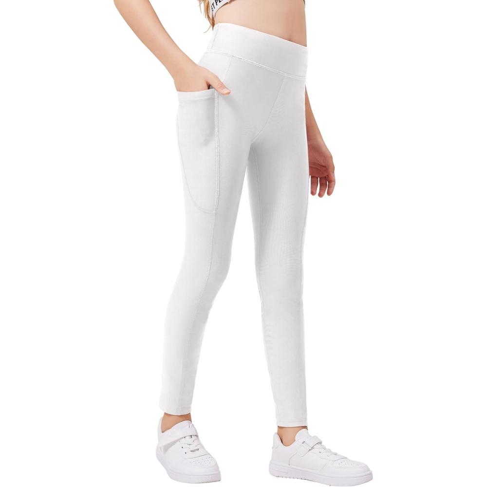 imageZaclotre Girls Fleece Lined Leggings Warm Winter Running Tights for Kids High Waist Athletic Yoga Pants with PocketsWhite