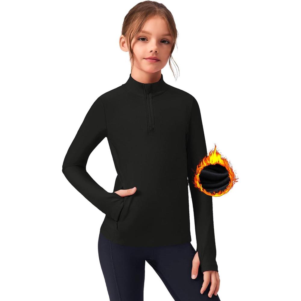 imageZaclotre Girls Fleece Long Sleeve Shirts Half Zip Pullover Sweatshirt with Pockets Kids Athletic Winter JacketBlack