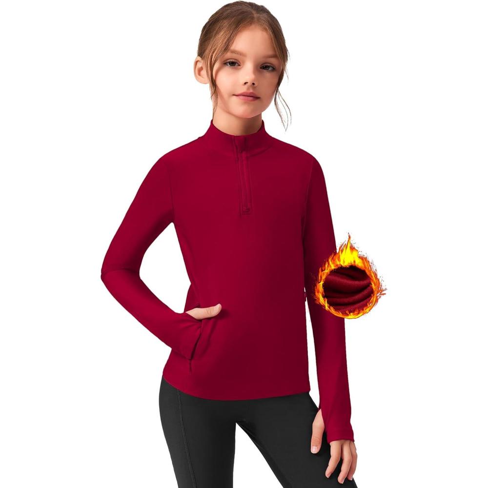 imageZaclotre Girls Fleece Long Sleeve Shirts Half Zip Pullover Sweatshirt with Pockets Kids Athletic Winter JacketDark Red