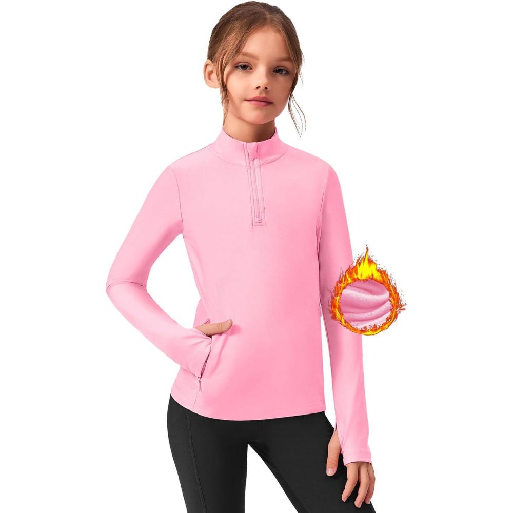 imageZaclotre Girls Fleece Long Sleeve Shirts Half Zip Pullover Sweatshirt with Pockets Kids Athletic Winter JacketPink