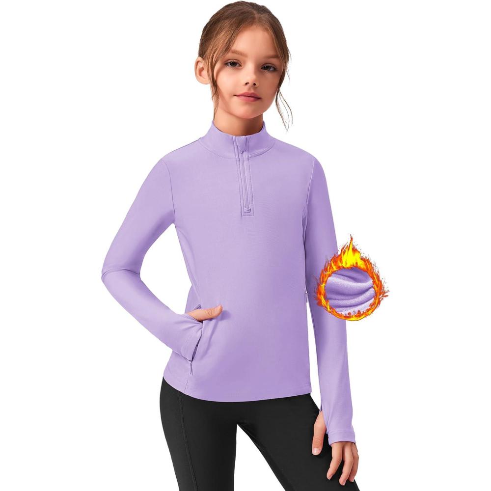 imageZaclotre Girls Fleece Long Sleeve Shirts Half Zip Pullover Sweatshirt with Pockets Kids Athletic Winter JacketPurple