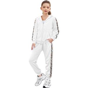 Zaclotre Girls 2 Piece Outfits Sweatsuit Zip Up Hoodie Sweatshirt and Sweatpant Tracksuit Athletic Jogger Sets(Beige White)