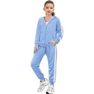 Zaclotre Girls 2 Piece Outfits Sweatsuit Zip Up Hoodie Sweatshirt and Sweatpant Tracksuit Athletic Jogger Sets(Light Blue)