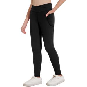 Zaclotre Girls Athletic Leggings Cross High Waisted Yoga Pants for Kids Dance Workout Running Tights with Pockets(Black)