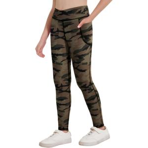Zaclotre Girls Athletic Leggings Cross High Waisted Yoga Pants for Kids Dance Workout Running Tights with Pockets(Brown Camouflage)