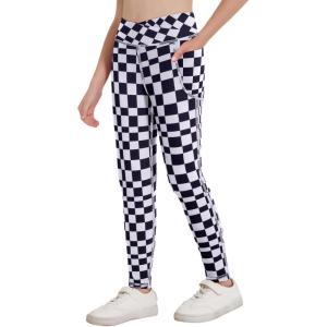 Zaclotre Girls Athletic Leggings Cross High Waisted Yoga Pants for Kids Dance Workout Running Tights with Pockets(Plaid Black and White)
