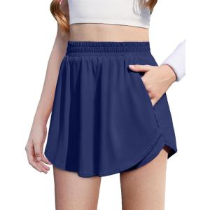 Zaclotre Girls Athletic Shorts with Zipper Pockets 2 in 1 Flowy Skirt Overlay Kids Running Workout Soccer Sports Shorts(Navy Blue)