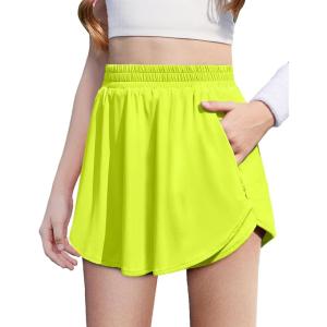 Zaclotre Girls Athletic Shorts with Zipper Pockets 2 in 1 Flowy Skirt Overlay Kids Running Workout Soccer Sports Shorts(Neon Green)