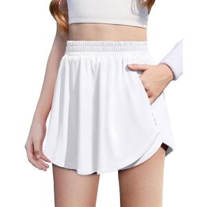 Zaclotre Girls Athletic Shorts with Zipper Pockets 2 in 1 Flowy Skirt Overlay Kids Running Workout Soccer Sports Shorts(White)