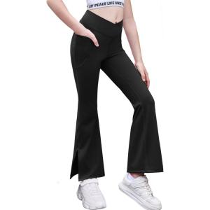 Zaclotre Girls’ Flare Leggings with Split Hem Cross High Waist Yoga Bootcut Athletic Kid Bell Bottom Pants with Pockets(Black)