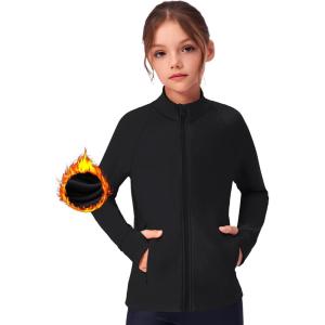 Zaclotre Girls Fleece Jacket with 4 Pockets Long Sleeve Zip Up Warm Athletic Winter Coat Kids Sweatshirt for 5-14 Y(Black)