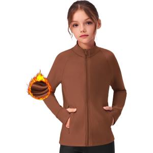 Zaclotre Girls Fleece Jacket with 4 Pockets Long Sleeve Zip Up Warm Athletic Winter Coat Kids Sweatshirt for 5-14 Y(Brown)