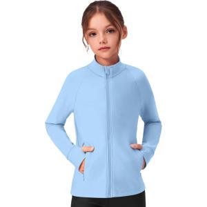 Zaclotre Girls Fleece Jacket with 4 Pockets Long Sleeve Zip Up Warm Athletic Winter Coat Kids Sweatshirt for 5-14 Y(Light Blue)