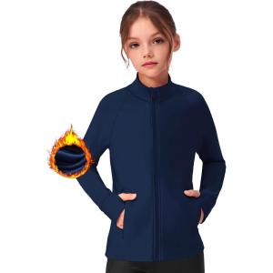 Zaclotre Girls Fleece Jacket with 4 Pockets Long Sleeve Zip Up Warm Athletic Winter Coat Kids Sweatshirt for 5-14 Y(Navy Blue)