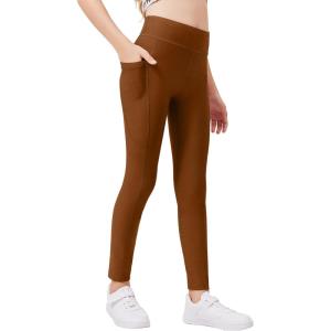 Zaclotre Girls Fleece Lined Leggings Warm Winter Running Tights for Kids High Waist Athletic Yoga Pants with Pockets(Brown)