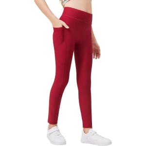 Zaclotre Girls Fleece Lined Leggings Warm Winter Running Tights for Kids High Waist Athletic Yoga Pants with Pockets(Dark Red)