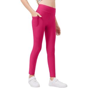 Zaclotre Girls Fleece Lined Leggings Warm Winter Running Tights for Kids High Waist Athletic Yoga Pants with Pockets(Hot Pink)