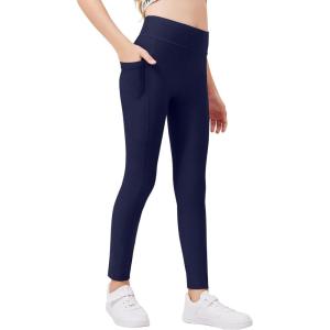 Zaclotre Girls Fleece Lined Leggings Warm Winter Running Tights for Kids High Waist Athletic Yoga Pants with Pockets(Navy Blue)