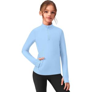 Zaclotre Girls Fleece Long Sleeve Shirts Half Zip Pullover Sweatshirt with Pockets Kids Athletic Winter Jacket(Light Blue)
