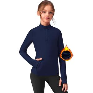 Zaclotre Girls Fleece Long Sleeve Shirts Half Zip Pullover Sweatshirt with Pockets Kids Athletic Winter Jacket(Navy Blue)