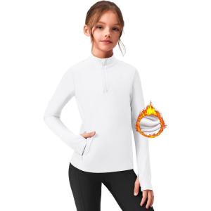 Zaclotre Girls Fleece Long Sleeve Shirts Half Zip Pullover Sweatshirt with Pockets Kids Athletic Winter Jacket(White)
