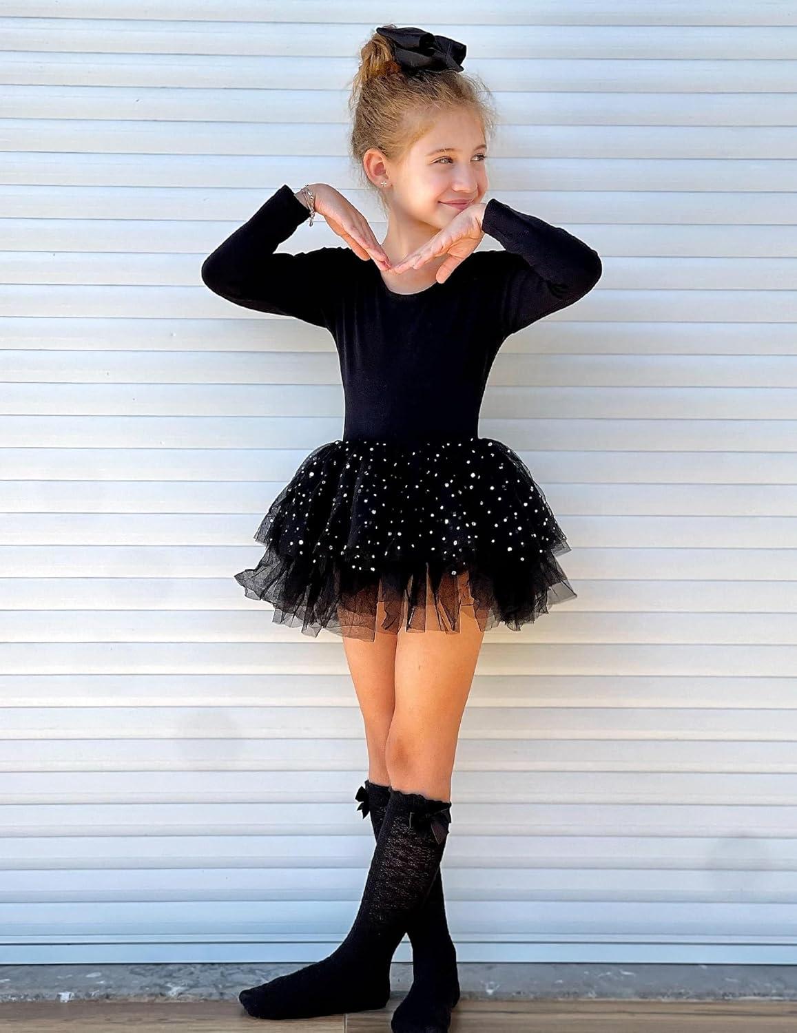 imageZaclotre Girls Ballet Leotards 4Layers Tiered Long Sleeve Dance Tutu Dresses Party Costumes for BallerinaBlack