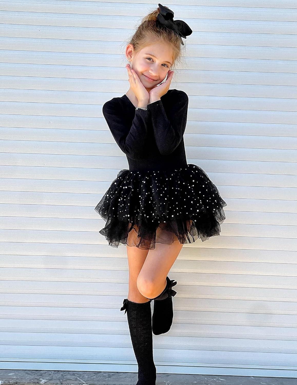 imageZaclotre Girls Ballet Leotards 4Layers Tiered Long Sleeve Dance Tutu Dresses Party Costumes for BallerinaBlack