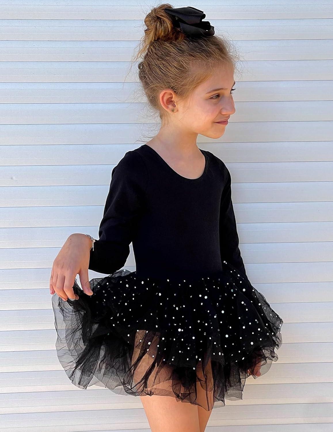 imageZaclotre Girls Ballet Leotards 4Layers Tiered Long Sleeve Dance Tutu Dresses Party Costumes for BallerinaBlack