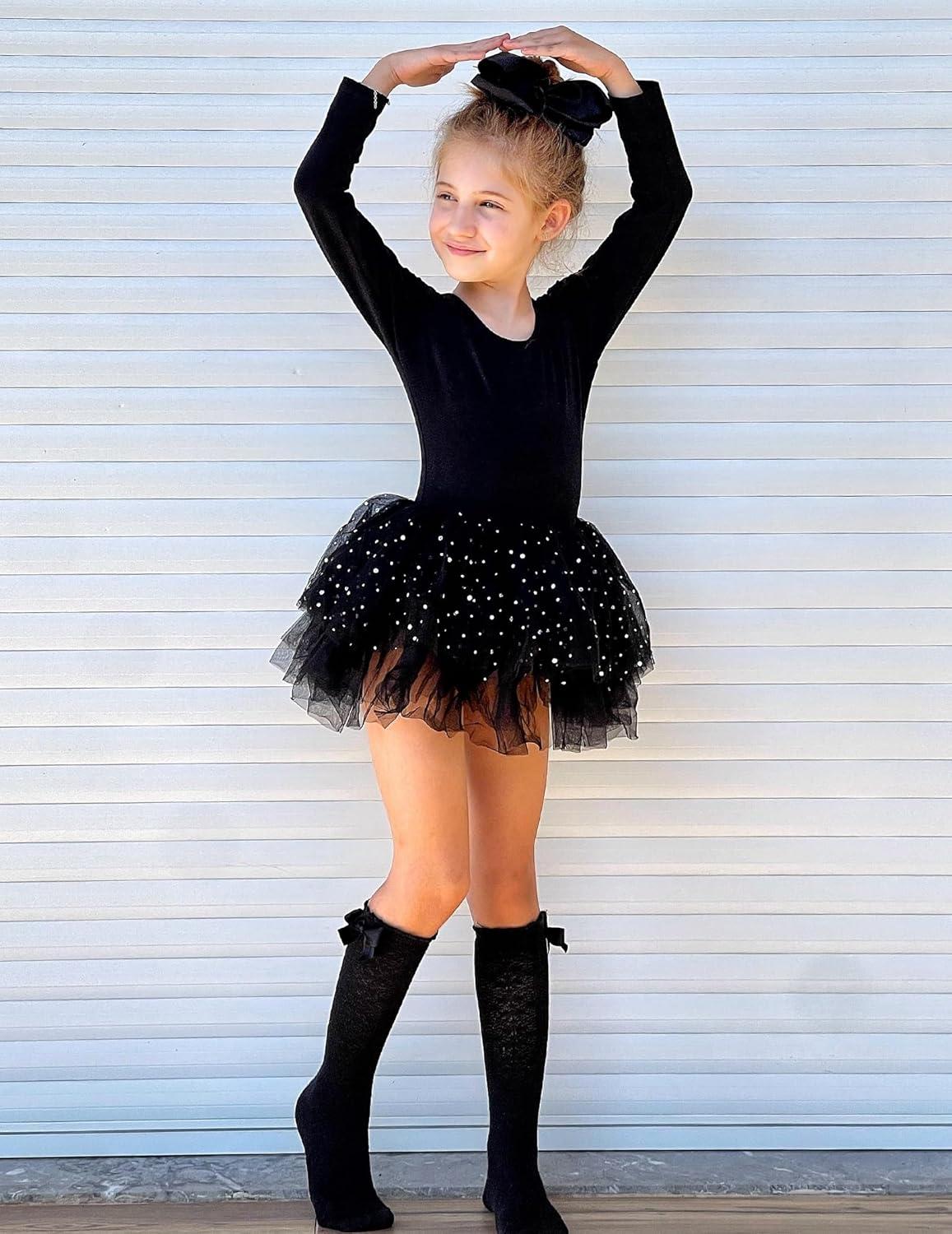 imageZaclotre Girls Ballet Leotards 4Layers Tiered Long Sleeve Dance Tutu Dresses Party Costumes for BallerinaBlack