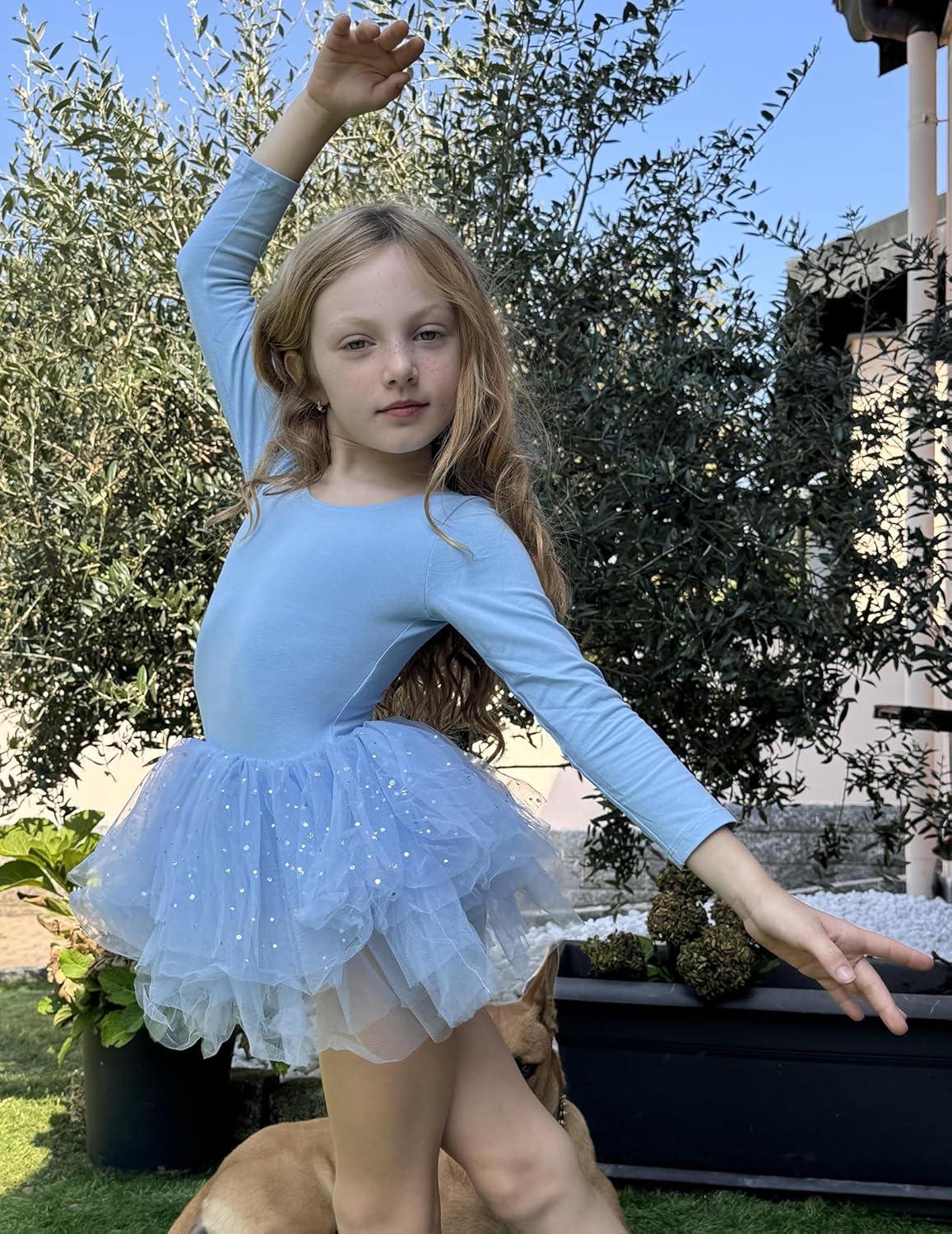 imageZaclotre Girls Ballet Leotards 4Layers Tiered Long Sleeve Dance Tutu Dresses Party Costumes for BallerinaBlue