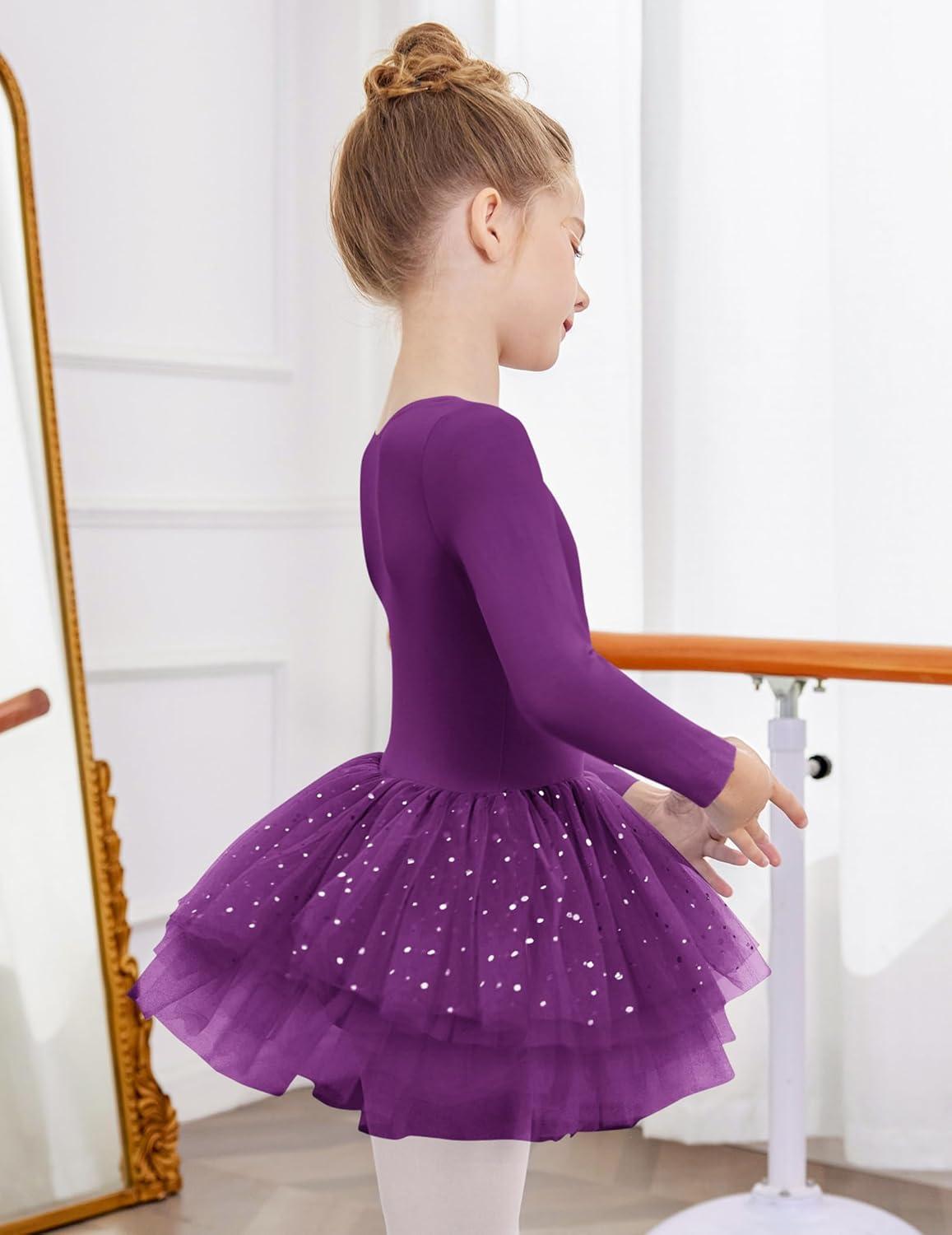 imageZaclotre Girls Ballet Leotards 4Layers Tiered Long Sleeve Dance Tutu Dresses Party Costumes for BallerinaDark Purple