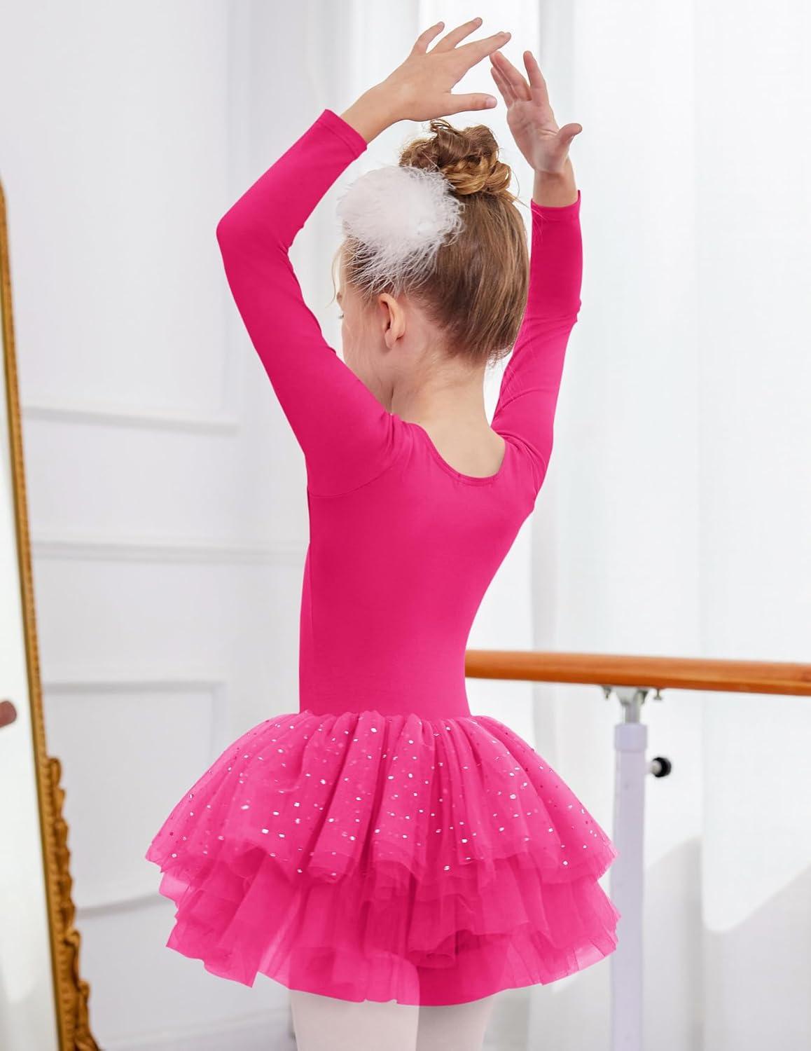 imageZaclotre Girls Ballet Leotards 4Layers Tiered Long Sleeve Dance Tutu Dresses Party Costumes for BallerinaHot Pink