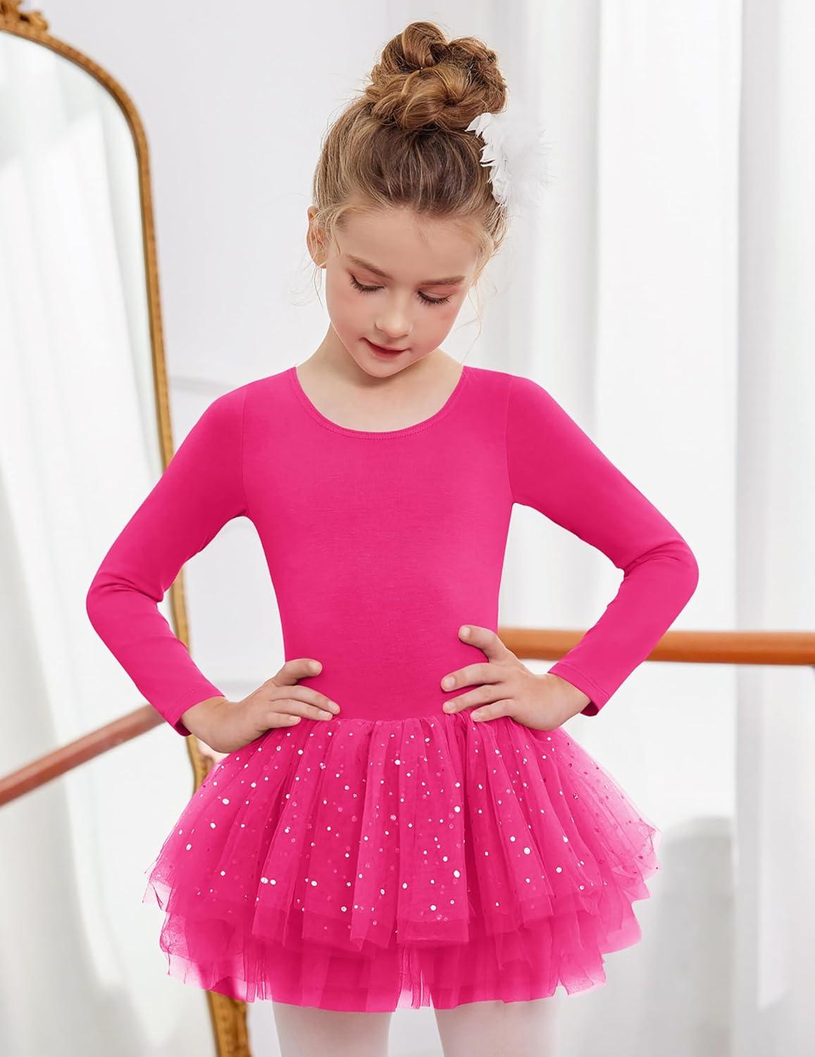 imageZaclotre Girls Ballet Leotards 4Layers Tiered Long Sleeve Dance Tutu Dresses Party Costumes for BallerinaHot Pink