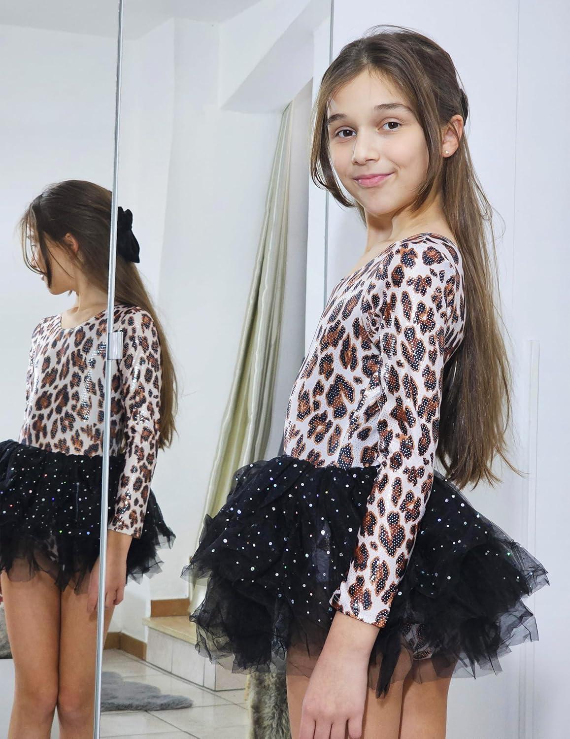 imageZaclotre Girls Ballet Leotards 4Layers Tiered Long Sleeve Dance Tutu Dresses Party Costumes for BallerinaLeopard Black
