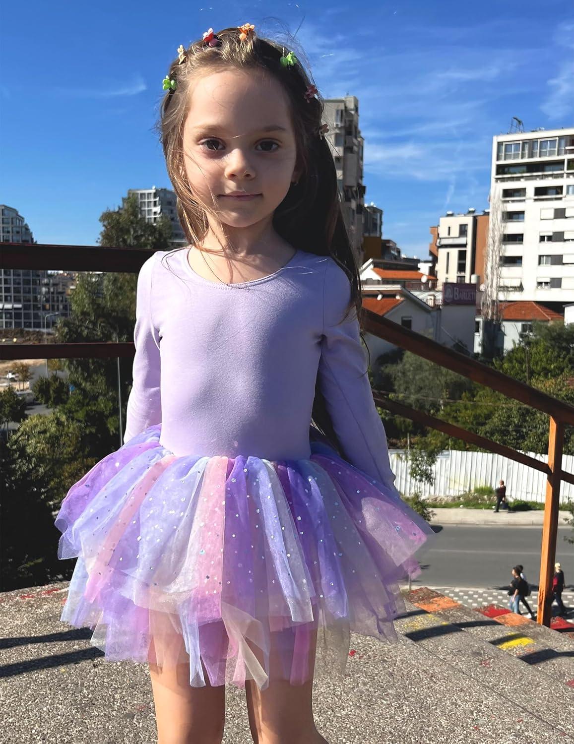 imageZaclotre Girls Ballet Leotards 4Layers Tiered Long Sleeve Dance Tutu Dresses Party Costumes for BallerinaPurplerainbow