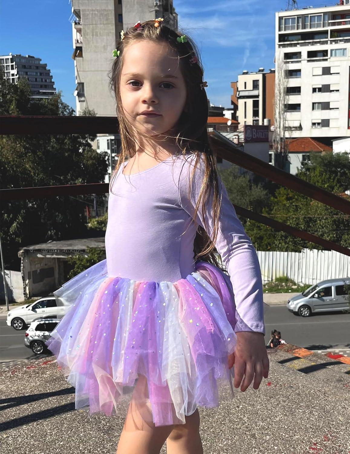 imageZaclotre Girls Ballet Leotards 4Layers Tiered Long Sleeve Dance Tutu Dresses Party Costumes for BallerinaPurplerainbow