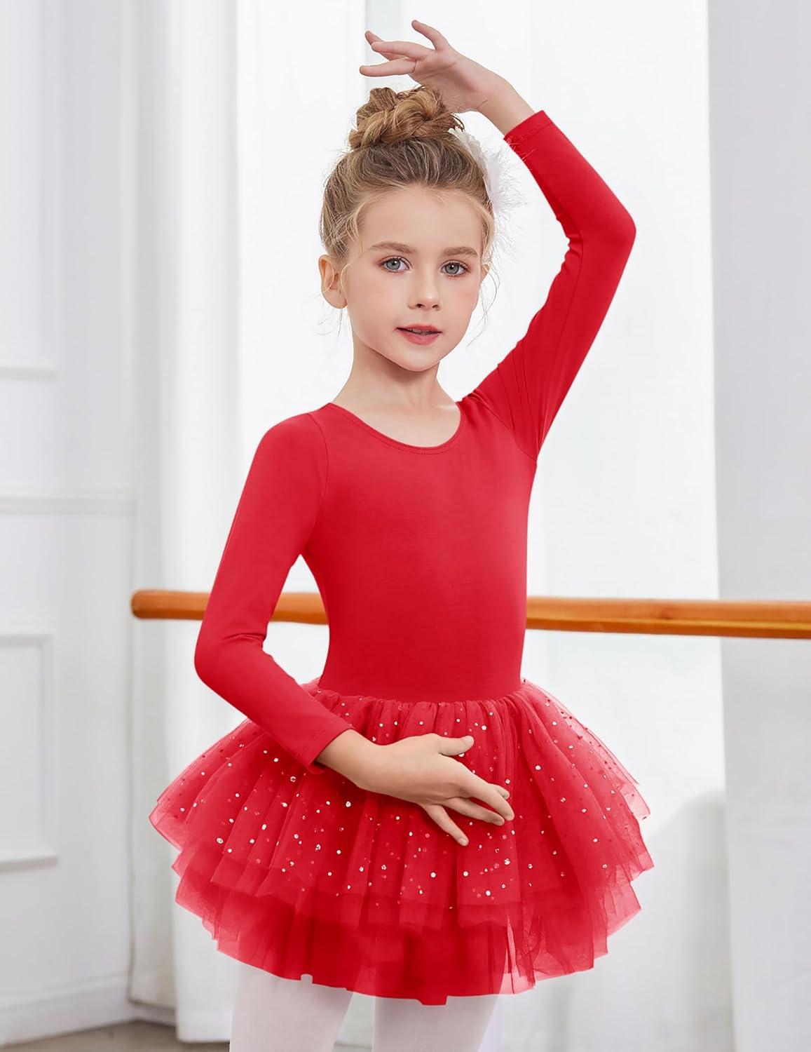 imageZaclotre Girls Ballet Leotards 4Layers Tiered Long Sleeve Dance Tutu Dresses Party Costumes for BallerinaRed